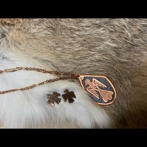 Solid Cooper Native American Thunderbird Pendant on chain and post earrings